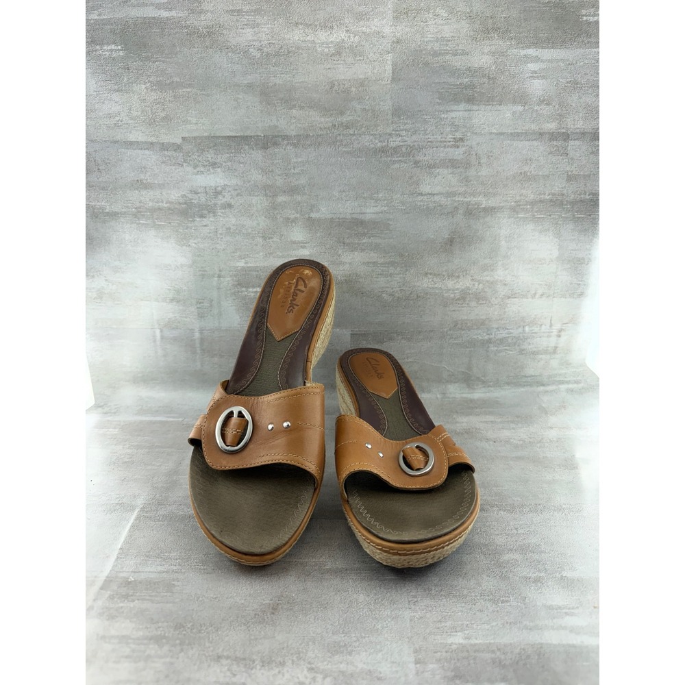 Clarks Artisan Tan Leather Wedge Sandals Buckle Slide Espadrille 76452 Women 9M
